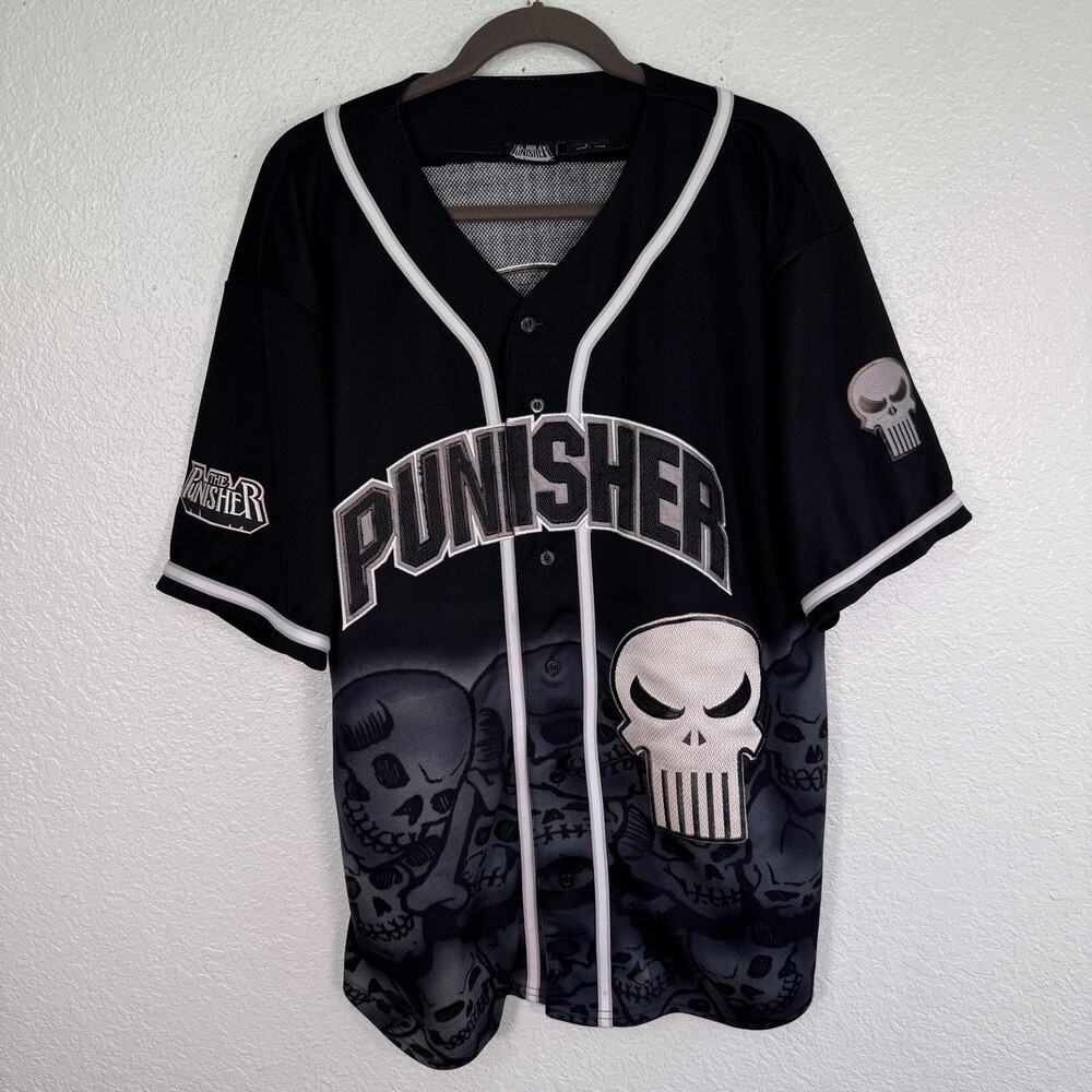 Vintage Punisher Baseball Jersey Mens Large Skull Marvel Black Graphic Shirt Y2K